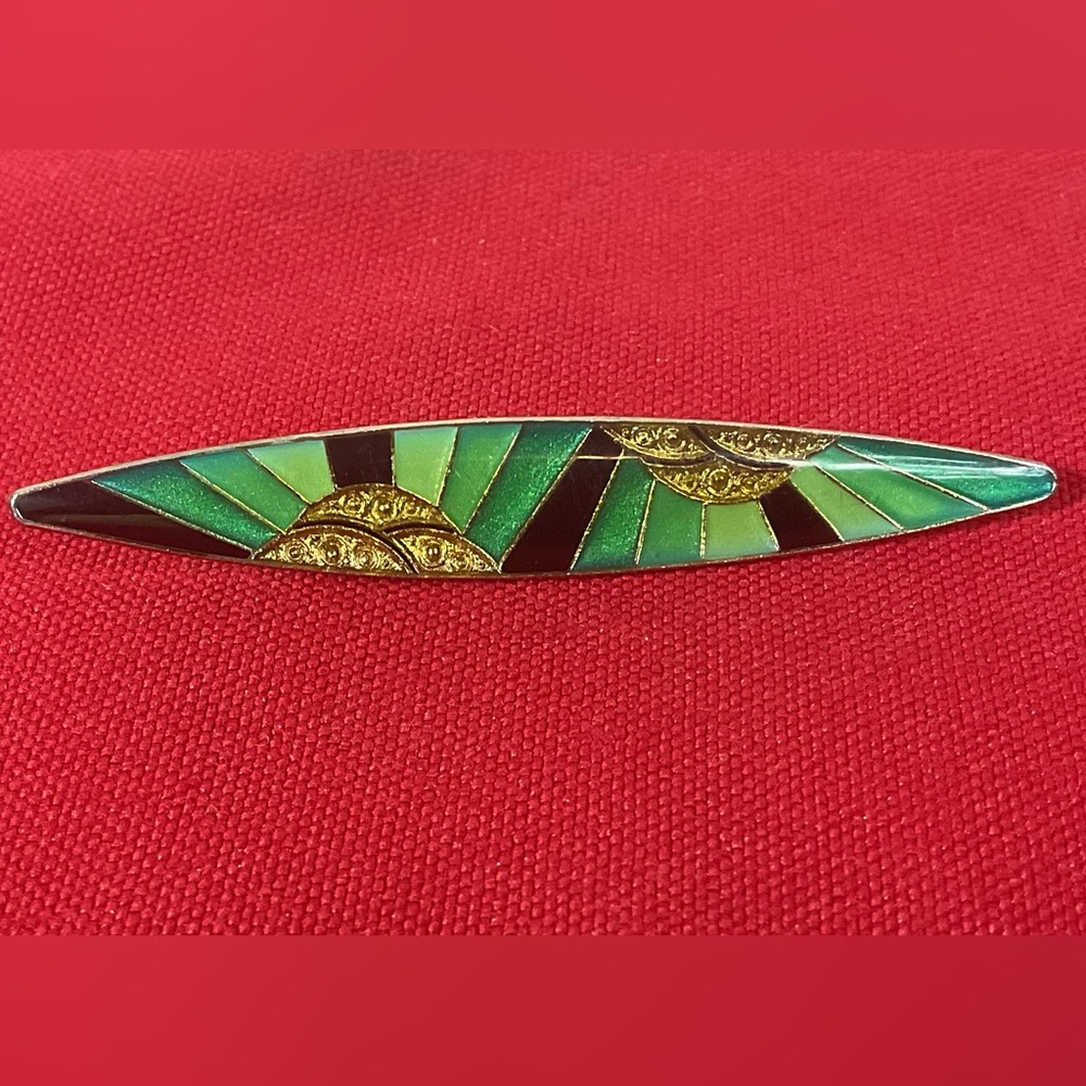 Vintage Art Deco Style Green & Black Enamel Bar Pin Brooch Gold Tone Fan Design
